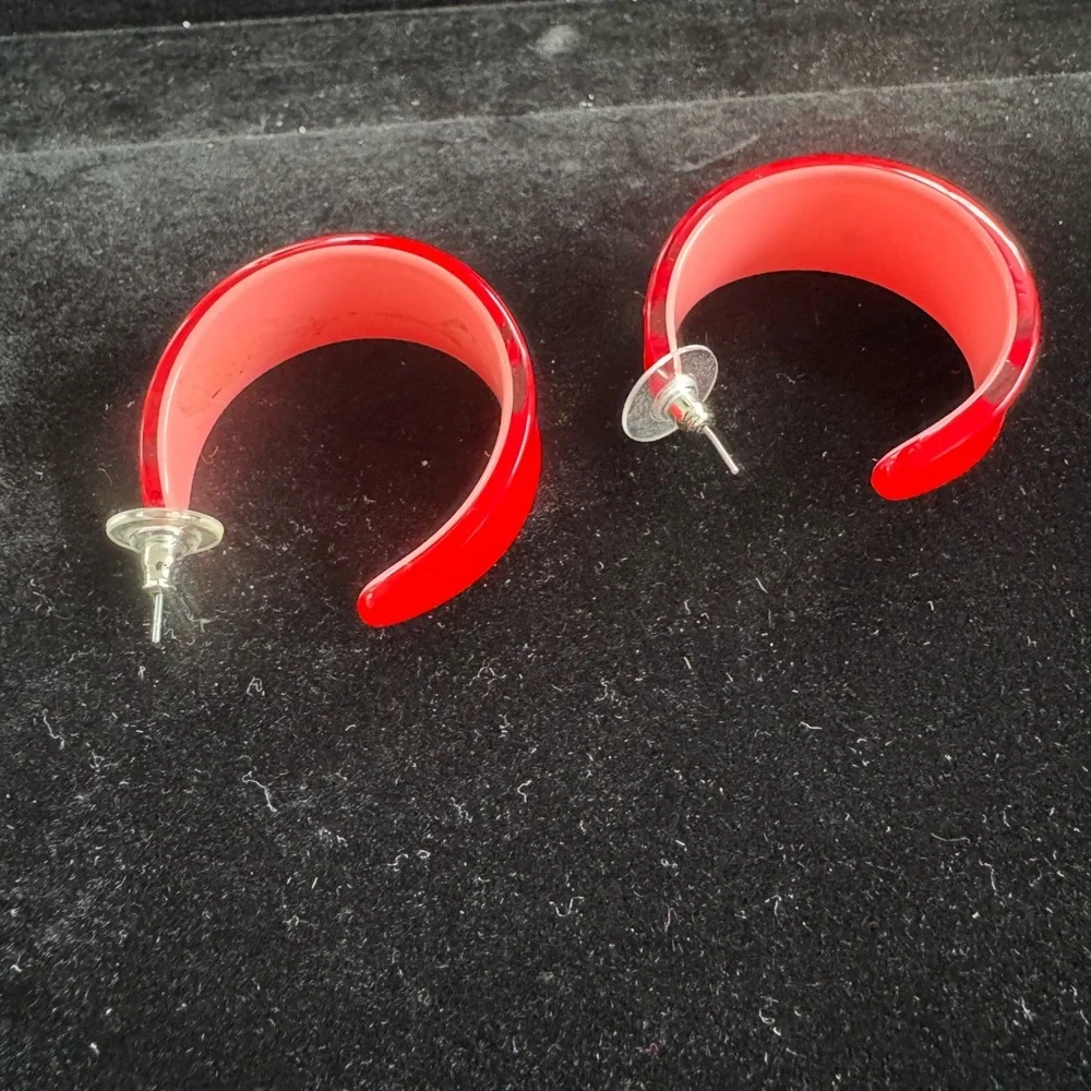 Vintage Retro 90s Red and Pink Studded Chunky Hoop Y2K Earrings